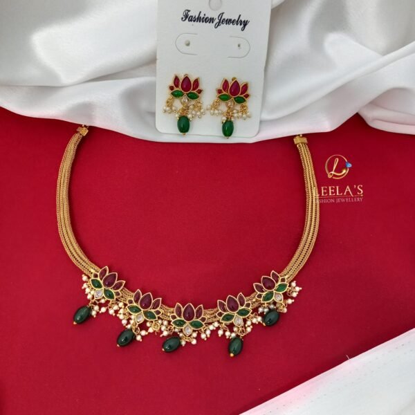 Premium Antique Finish Lotus Choker Green Beads CH308